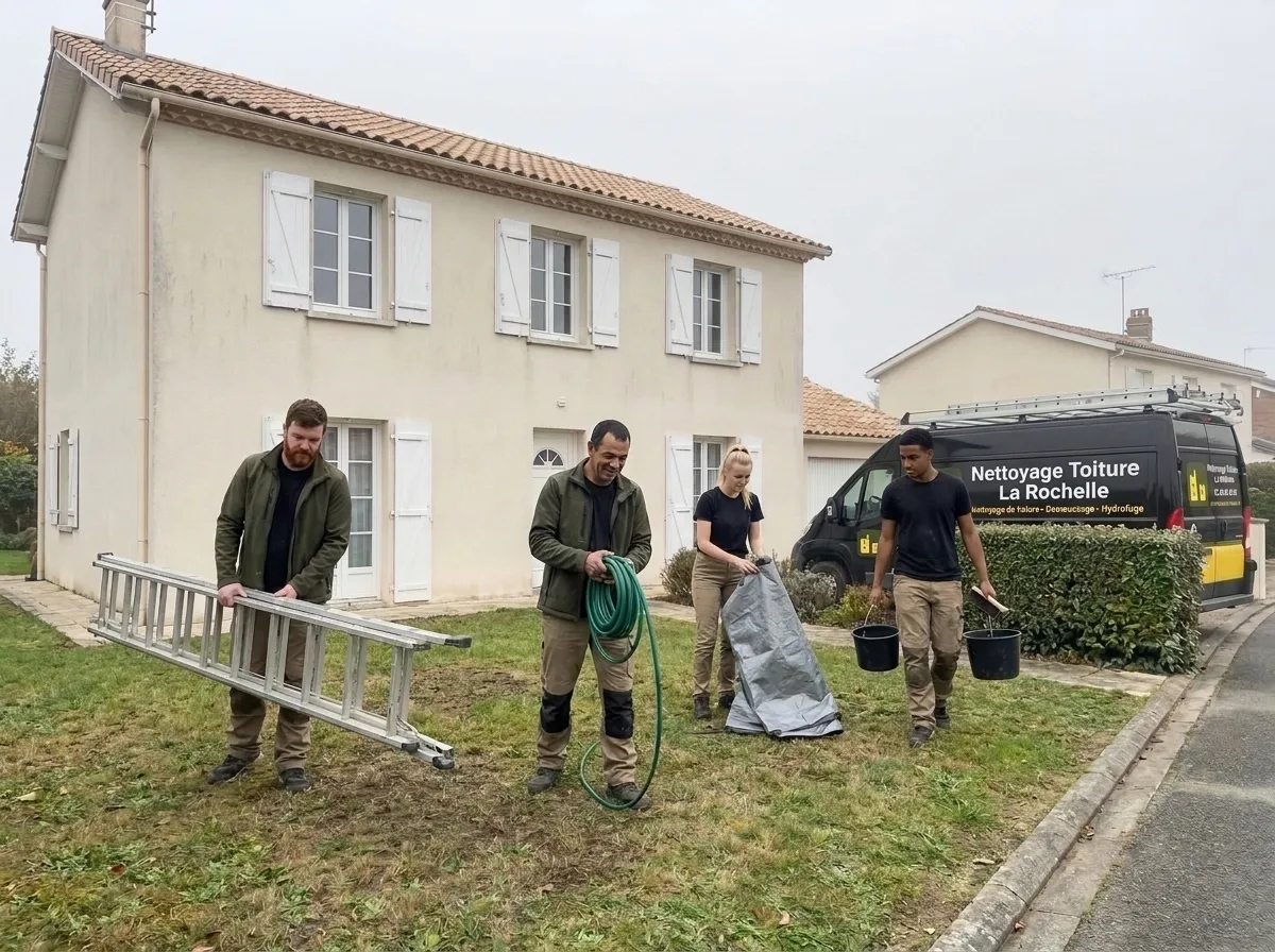 L'équipe Nettoyage Toiture La Rochelle sur un toit de La Rochelle