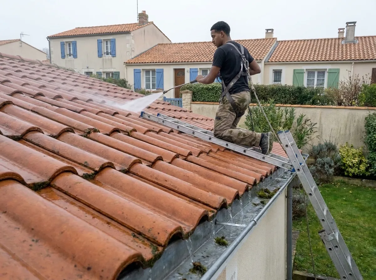 Rinçage d'une toiture en tuiles près de La Rochelle